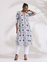 trueBrowns White Cotton Geometric Print Angrakha Kurta Set