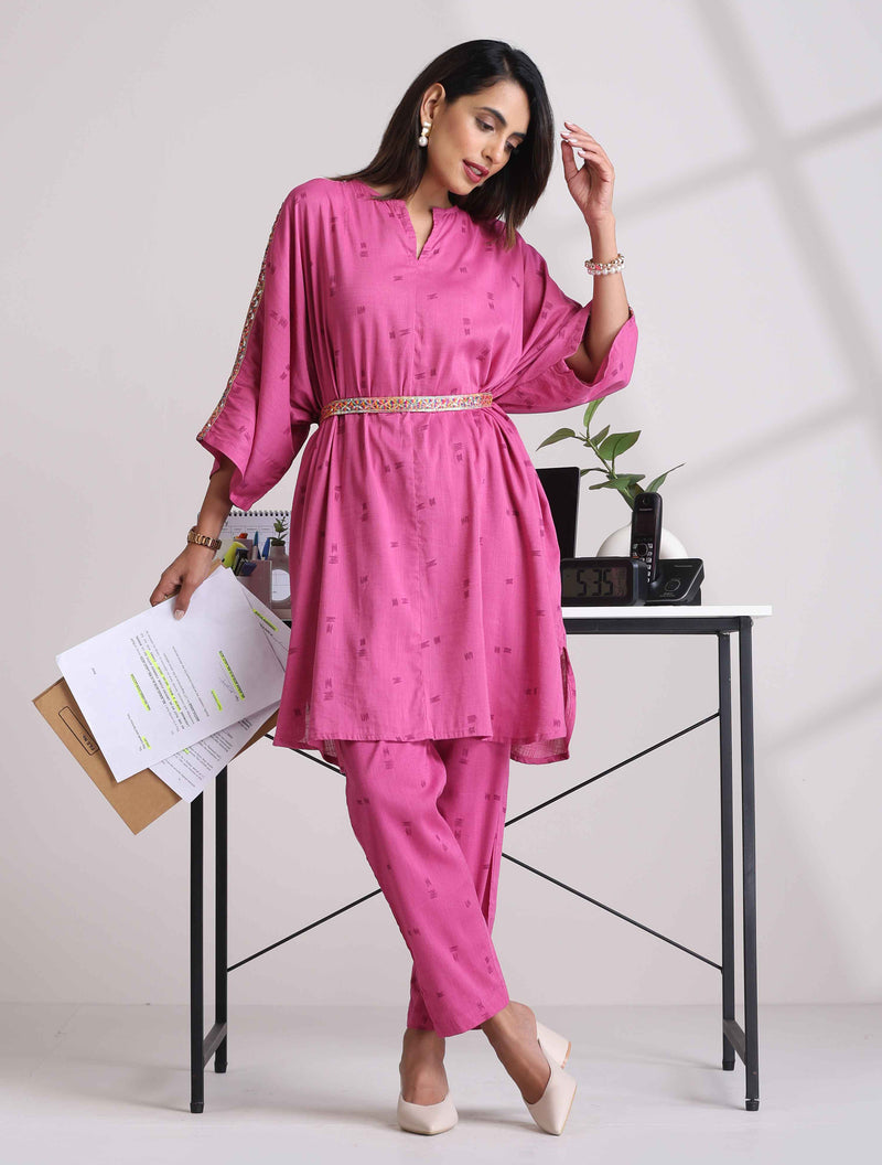 trueBrowns Pink Print Kaftan Kurta Co-ord Set