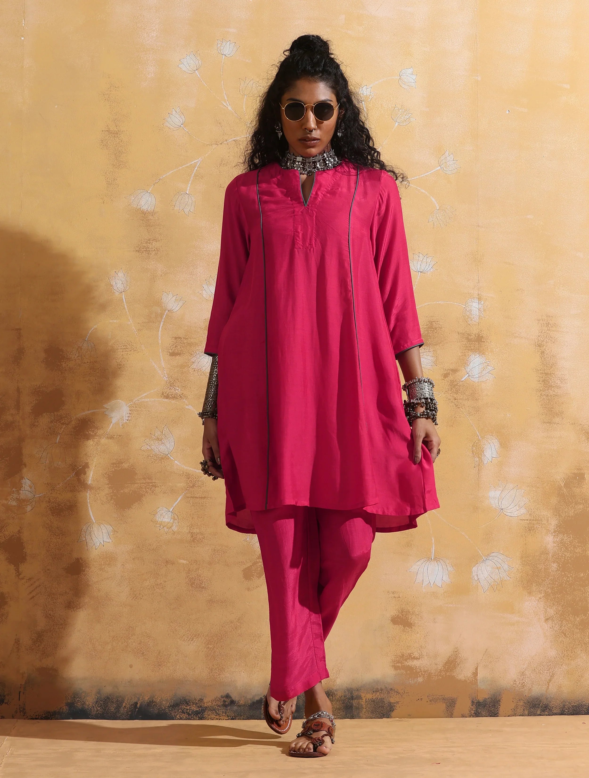trueBrowns Pink Muslin Silk A-Line Kurta Co-ord Set