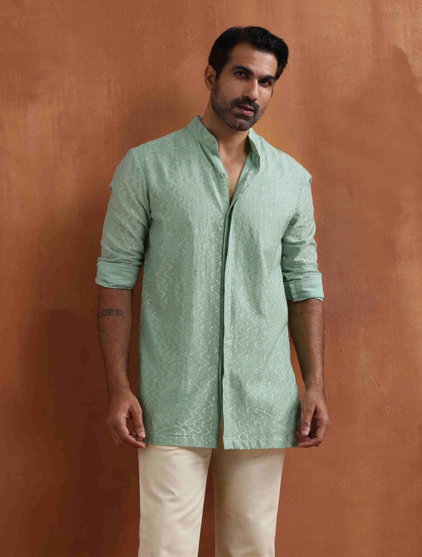 trueBrowns Men's Green Cotton Dobby Front Open Short Kurta