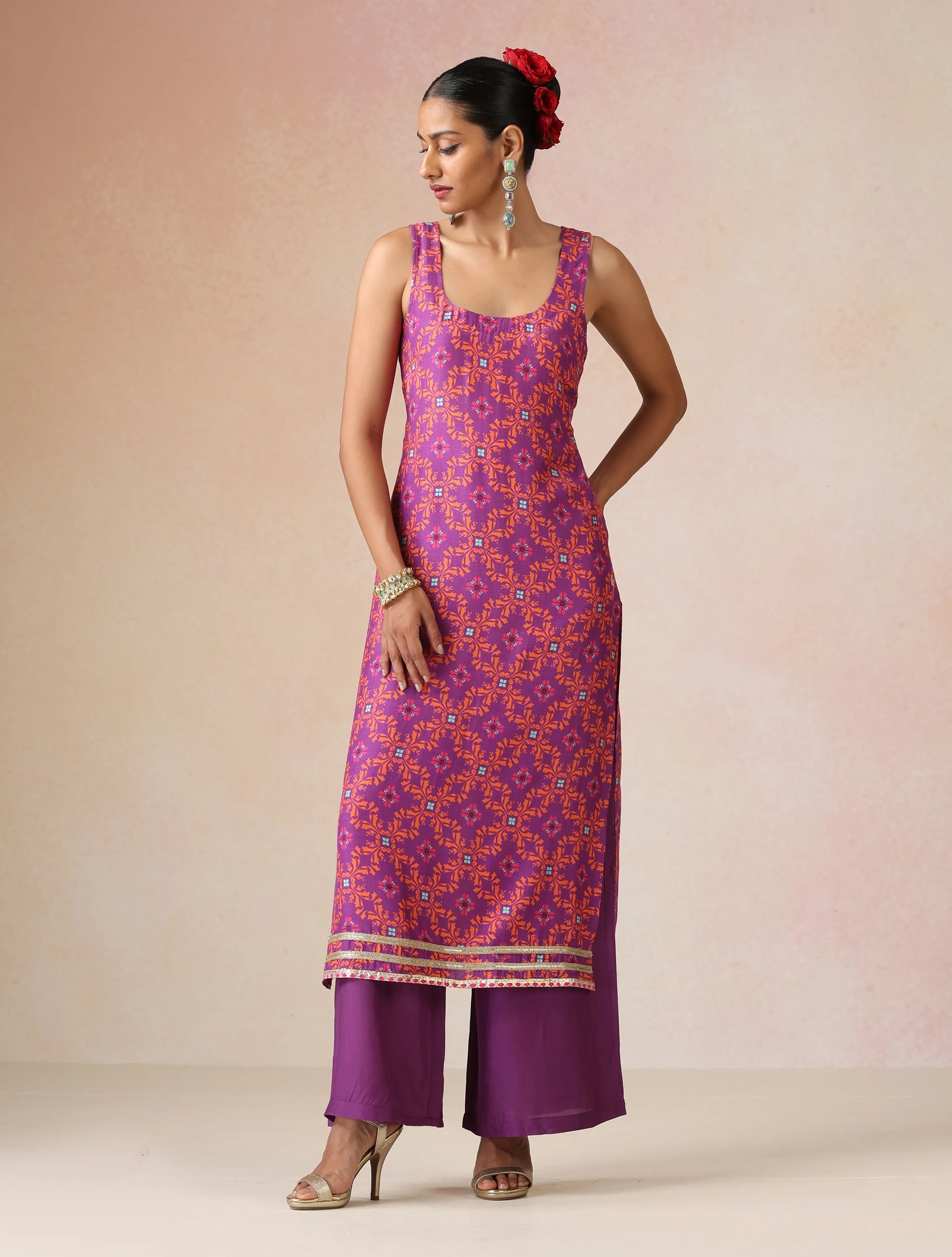 trueBrowns Purple Orange Jaal Print Viscose Sleeveless Straight Kurta Set