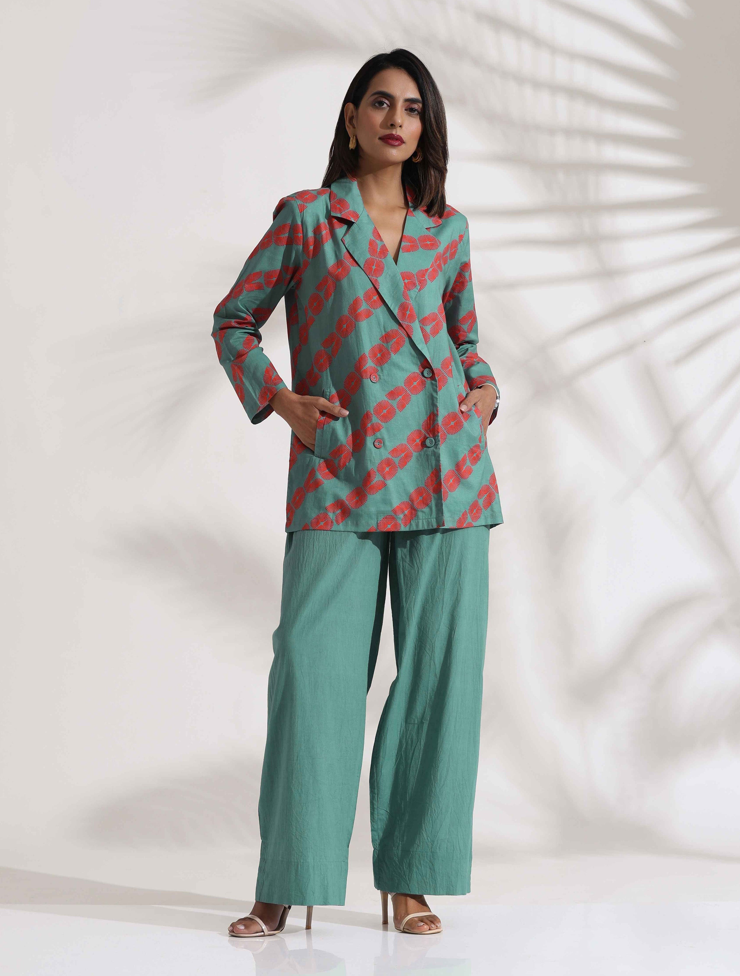 trueBrowns Green Cotton Print  Jacket Top Co-ord Set