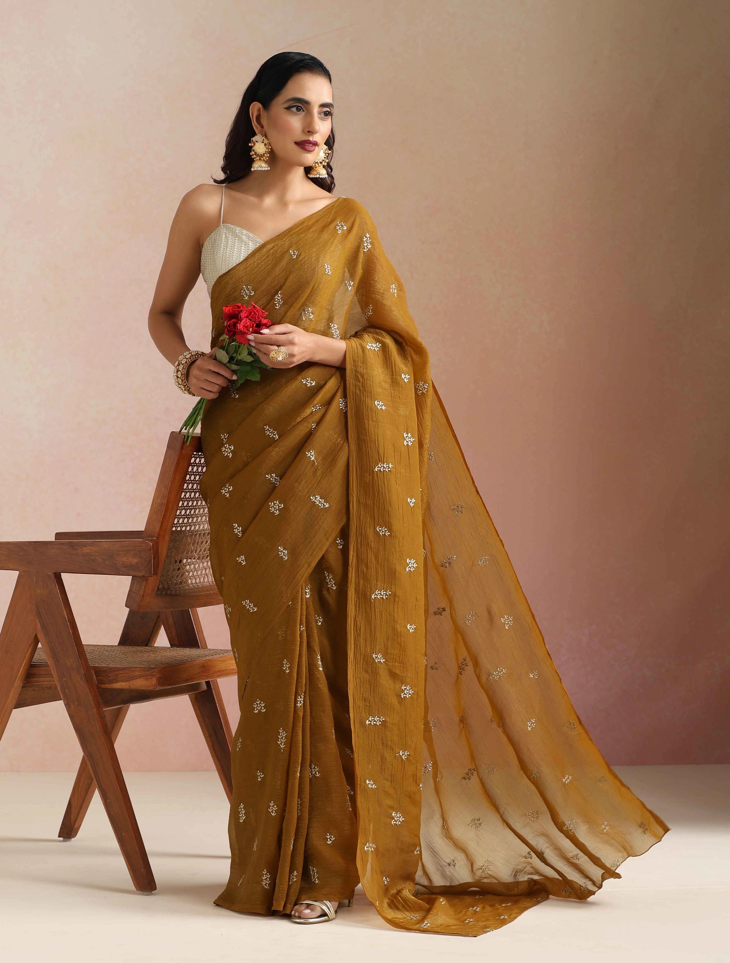 trueBrowns Bronze All Over Embroidered Saree With Unstitched Blouse