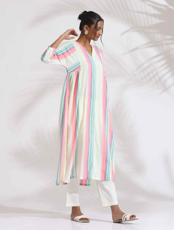 trueBrowns Off-White Cotton Multi Stripe Flared Kurta Set