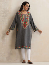 trueBrowns Grey Kashmiri Embroidered Woollen Phiran Kurta