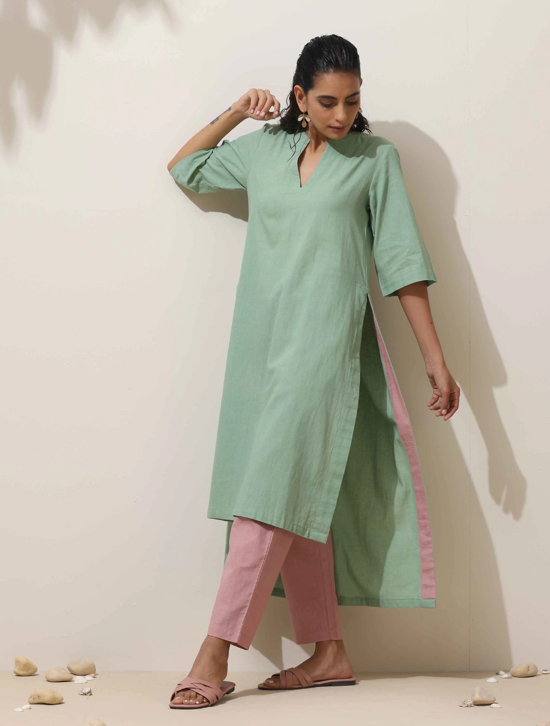 trueBrowns Mint Green Cotton Linen Kurta Pant Set