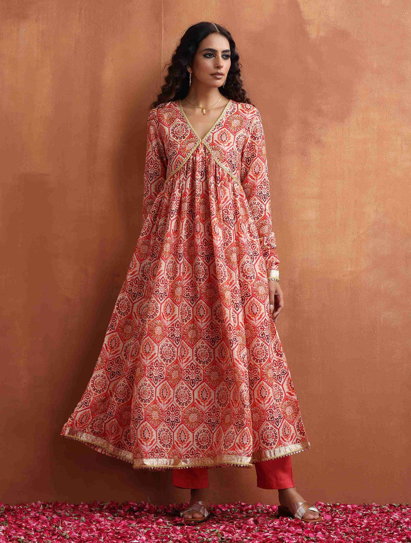 trueBrowns Beige Print Flared Anarkali Kurta Set