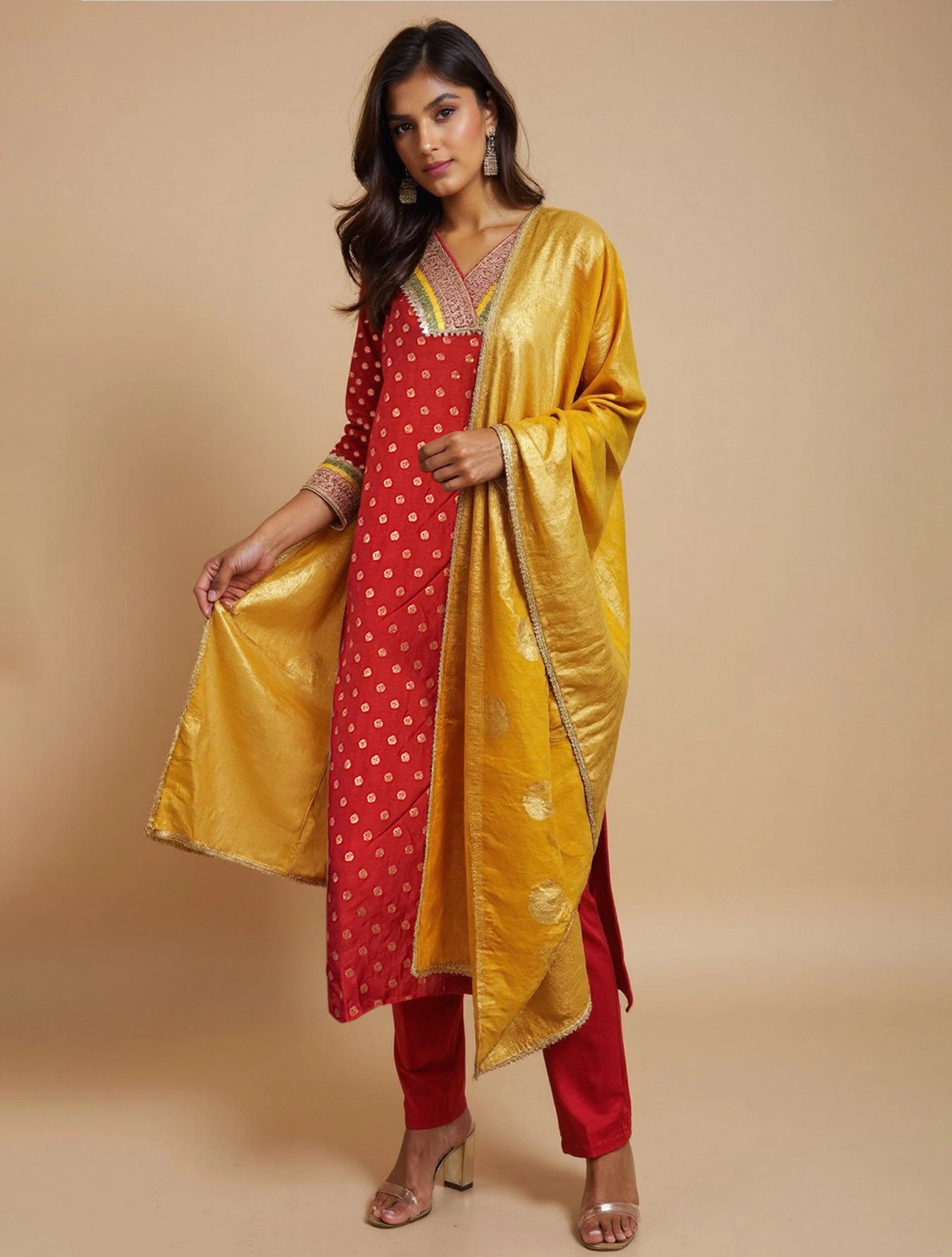 trueBrowns Red Jacquard Straight Kurta Pant Dupatta Set