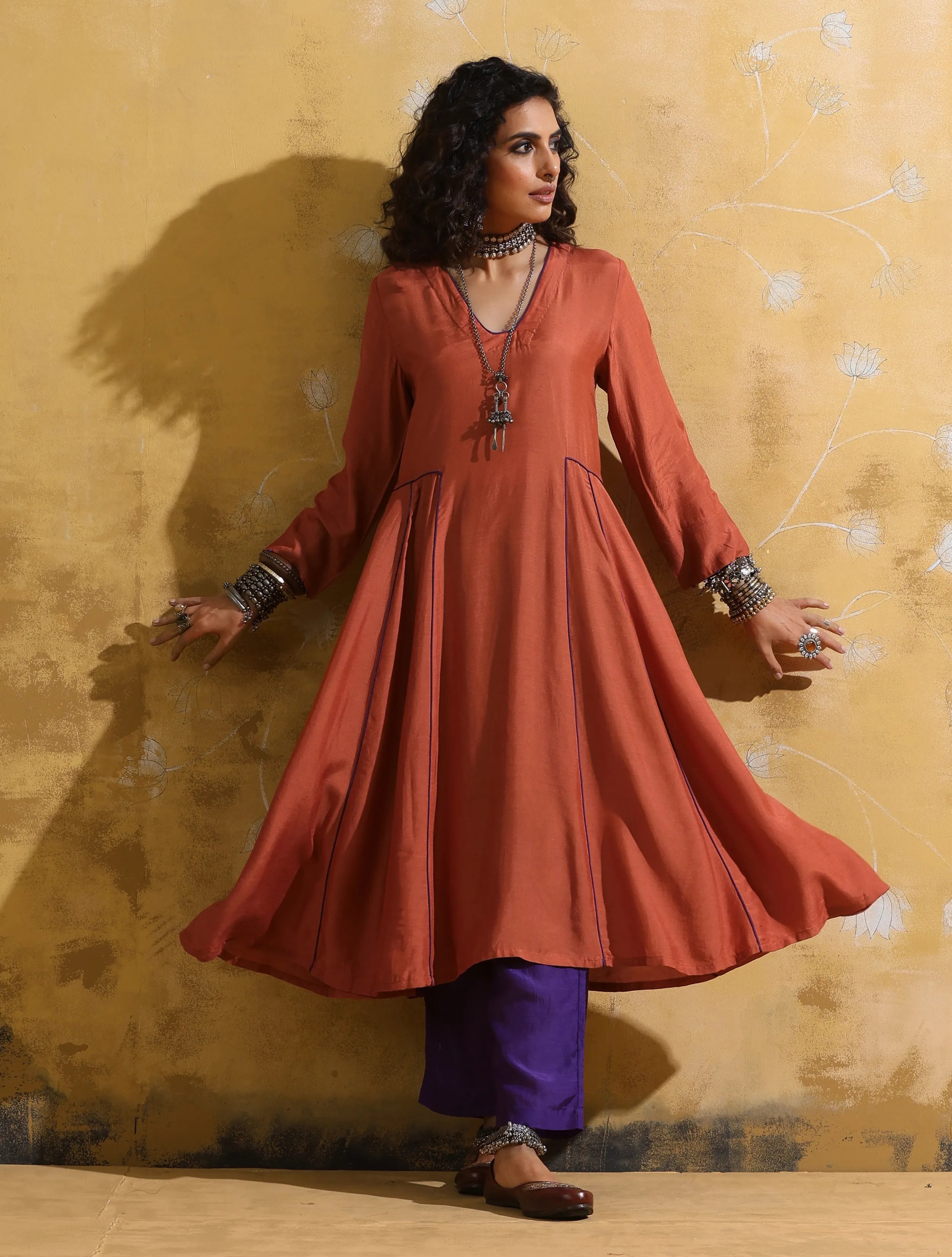 trueBrowns Rust Muslin Silk Fit and Flare Kurta Pant Set