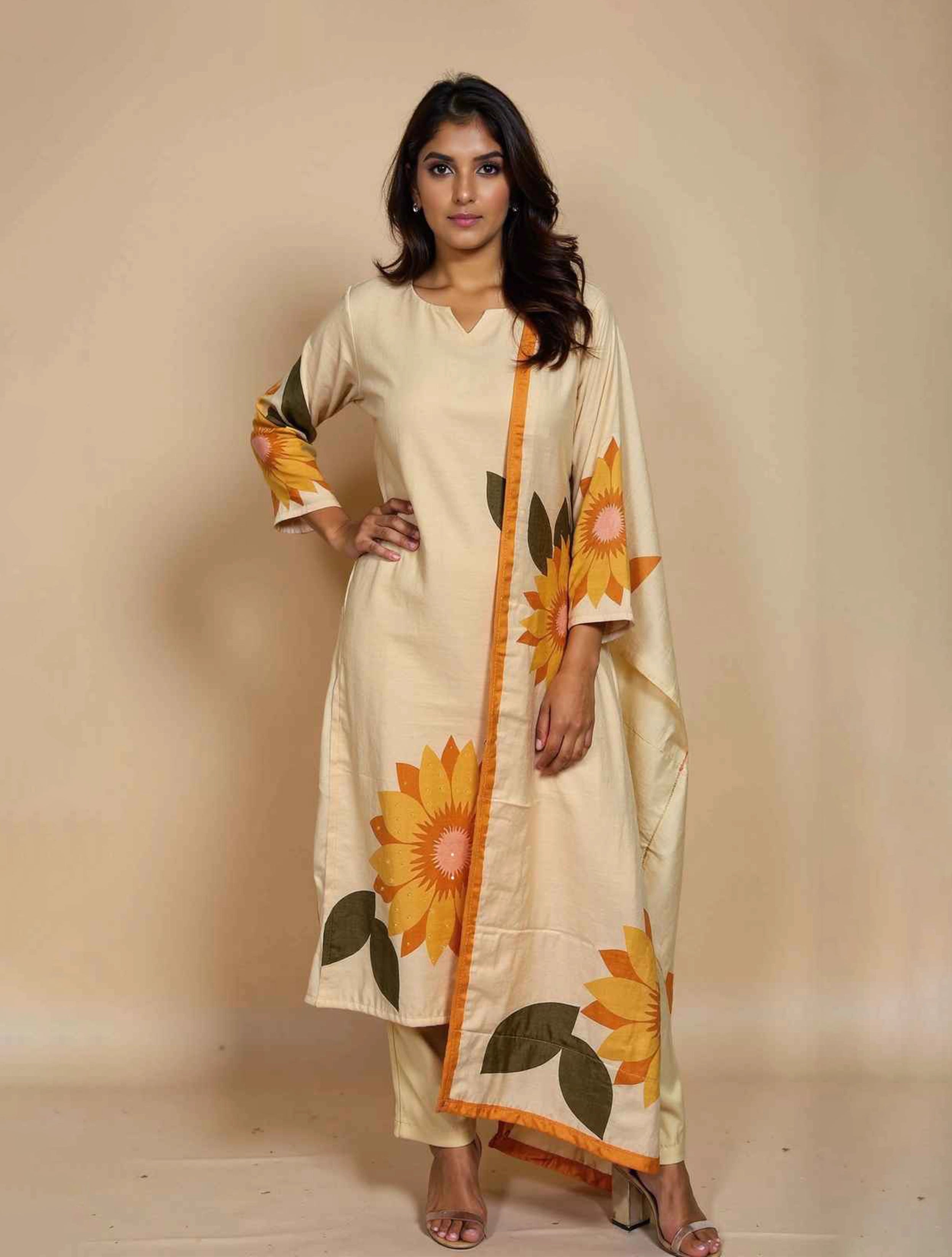trueBrowns Beige Sunflower Print Kurta Pant Dupatta Set
