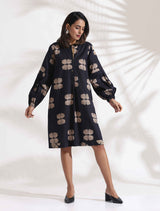 trueBrowns Black Cotton Print Short Dress