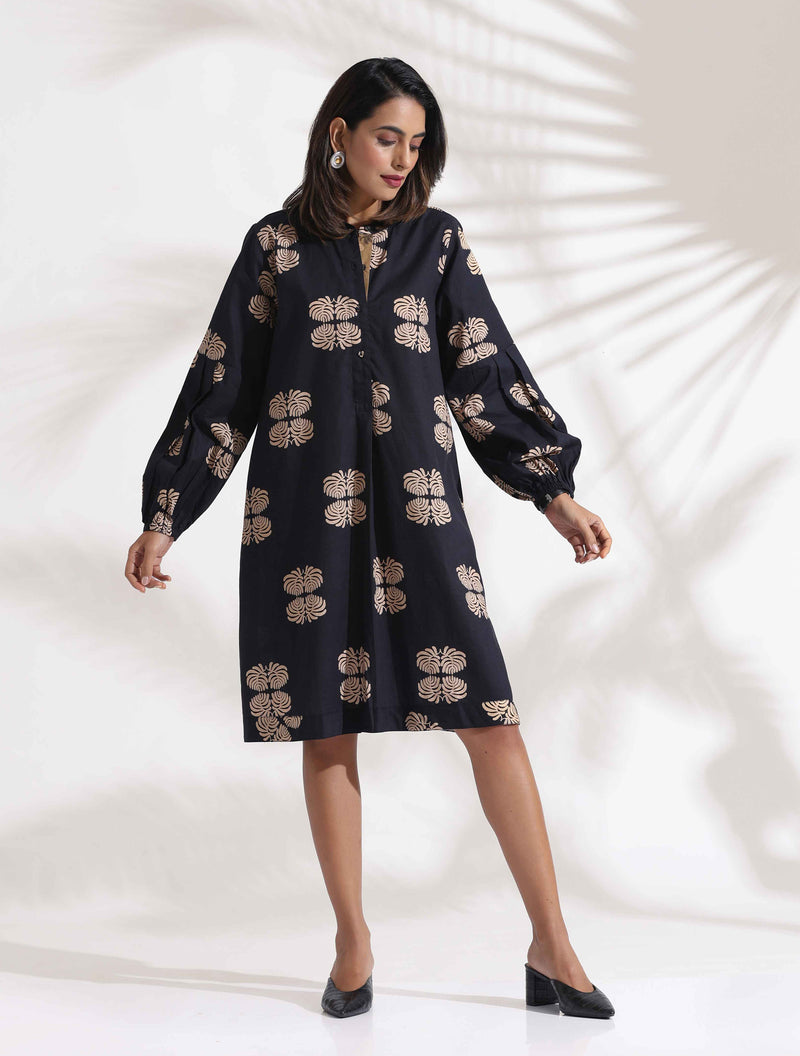 trueBrowns Black Cotton Print Short Dress