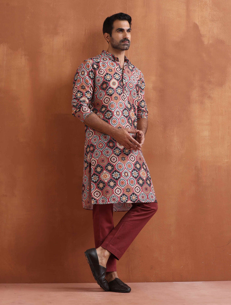 trueBrowns Men's Rust Geometric Printed Kurta