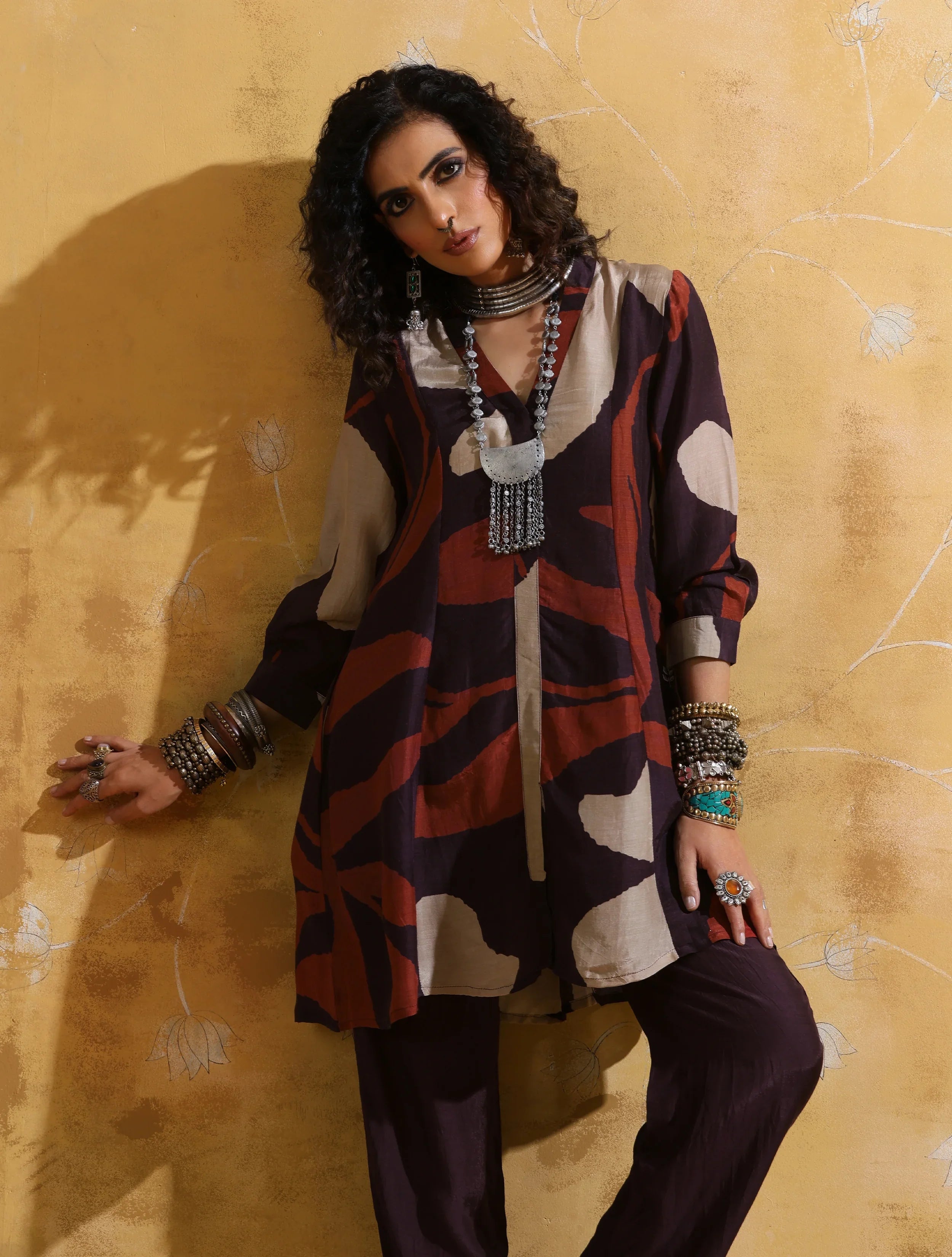 trueBrowns Cola Rust Red Floral Print Muslin Silk A-Line Co-ord Set