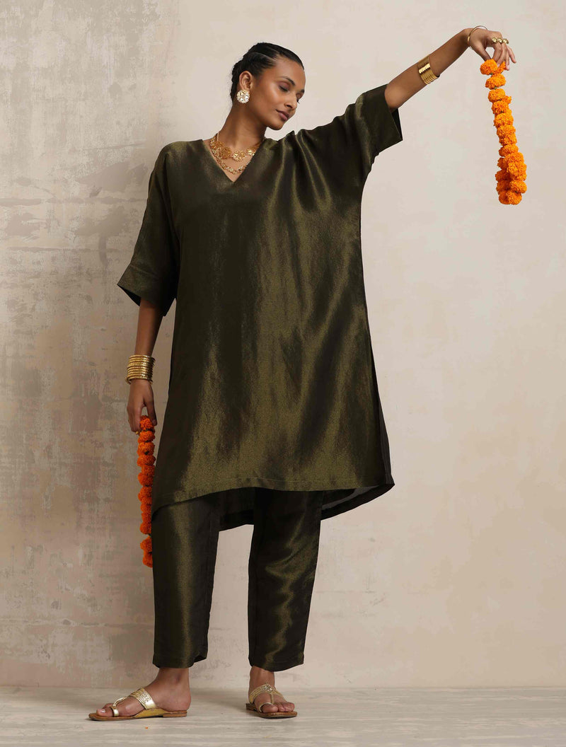 trueBrowns Olive Green Tissue Kurta Co-ord Set