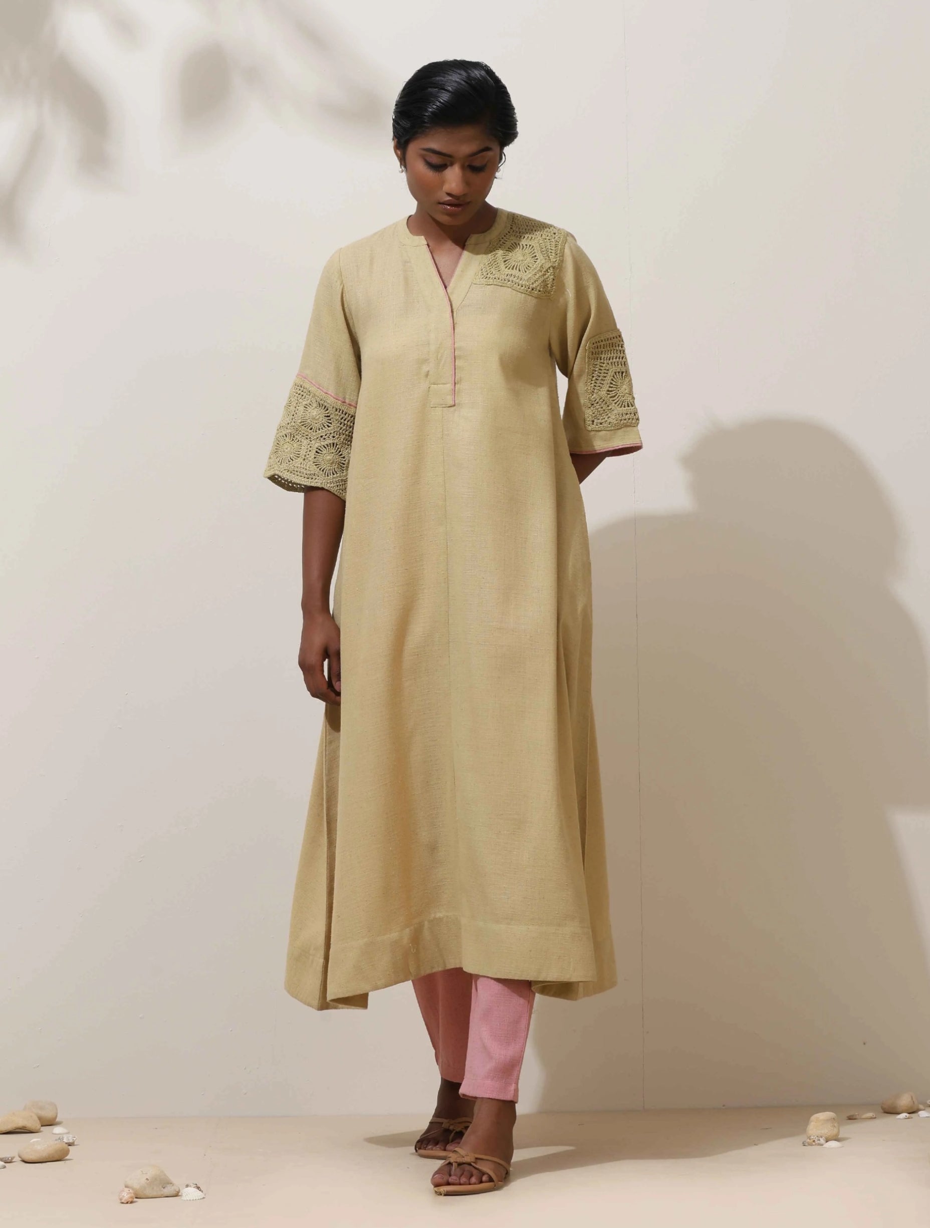 trueBrowns Souk Yellow Crochet Natural Cotton Kurta Pant Set