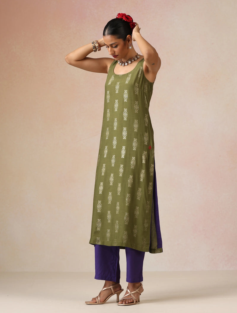 trueBrowns Olive Green Gold Foil Print Muslin Silk Sleeveless Straight Kurta Set