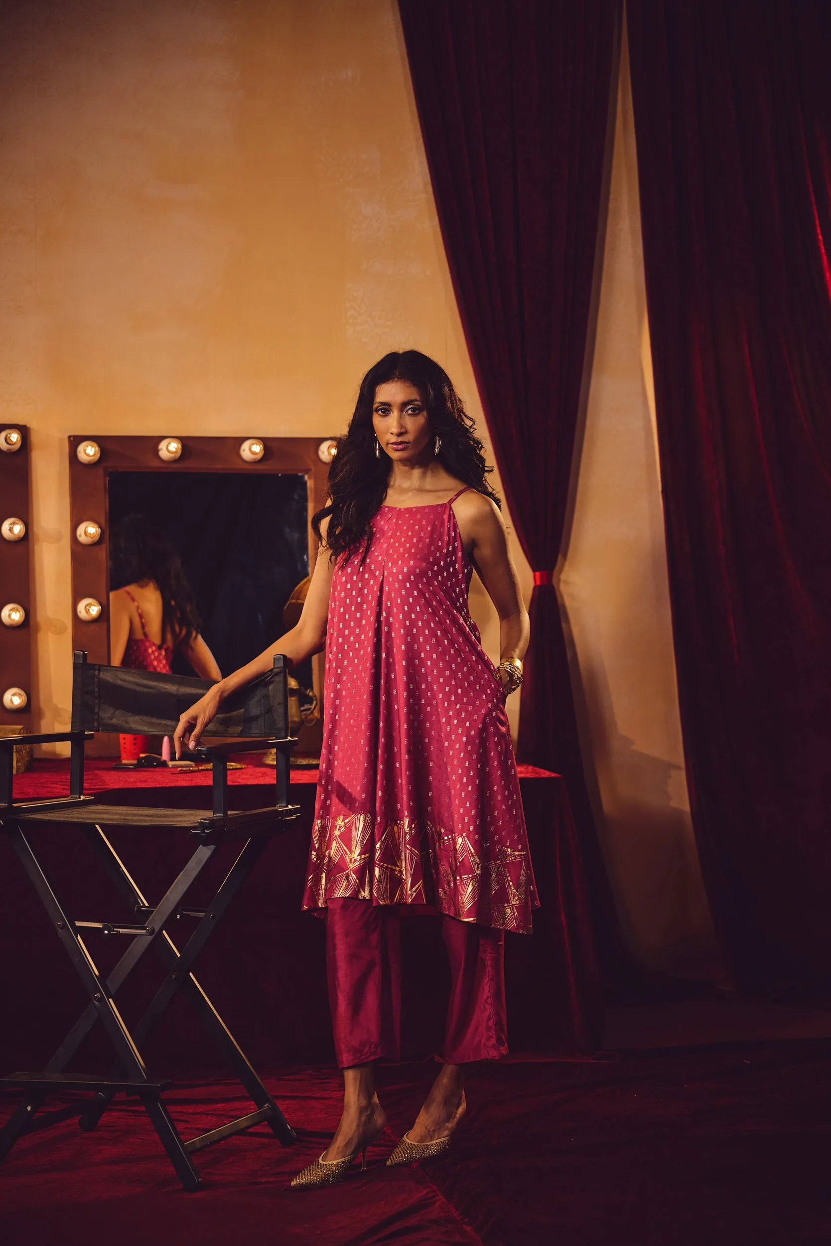 trueBrowns Pink Gold Foil Print Muslin Silk Flared Kurta Set