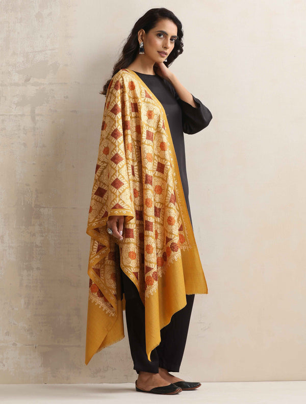 trueBrowns Mustard Embroidered Woollen Stole