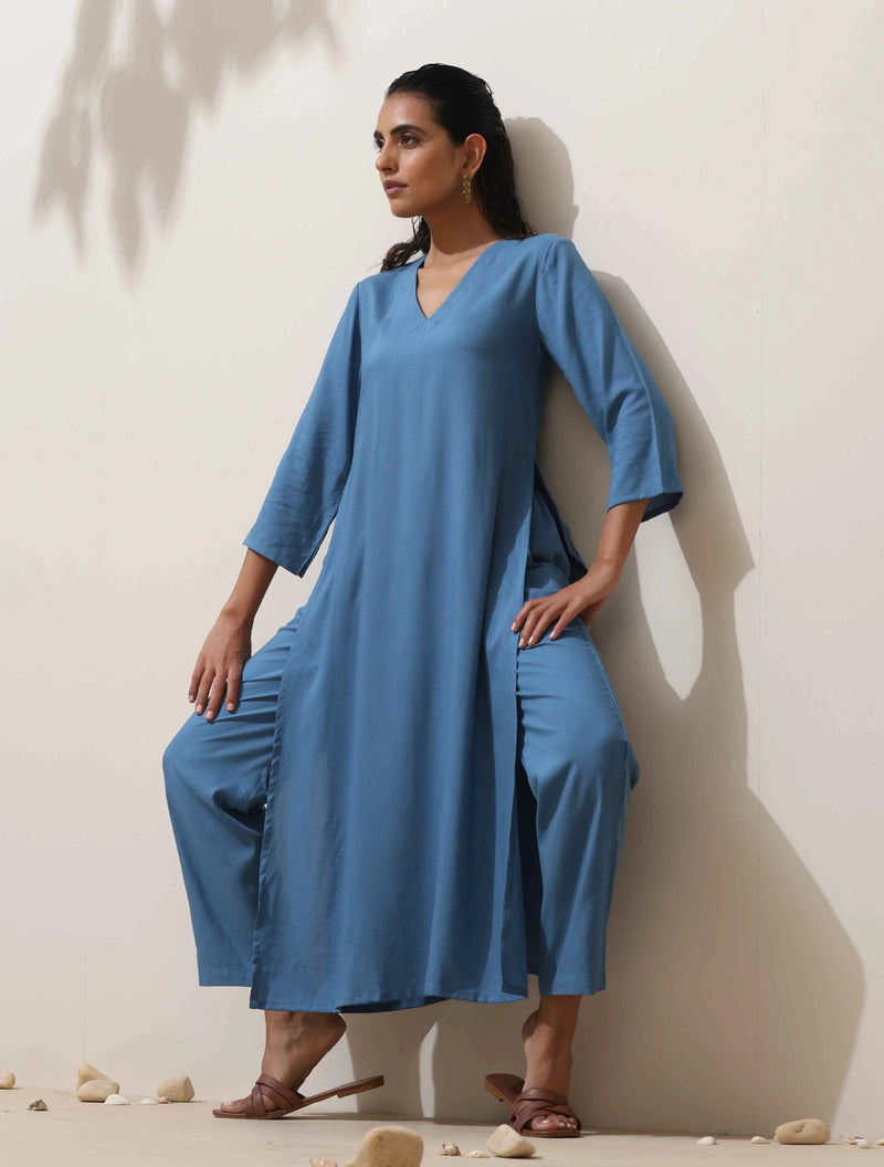 trueBrowns Blue Viscose Kurta Pant Set