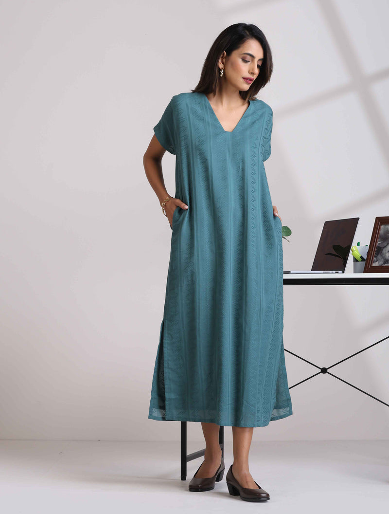 trueBrowns Turquoise Cotton Dobby Dress