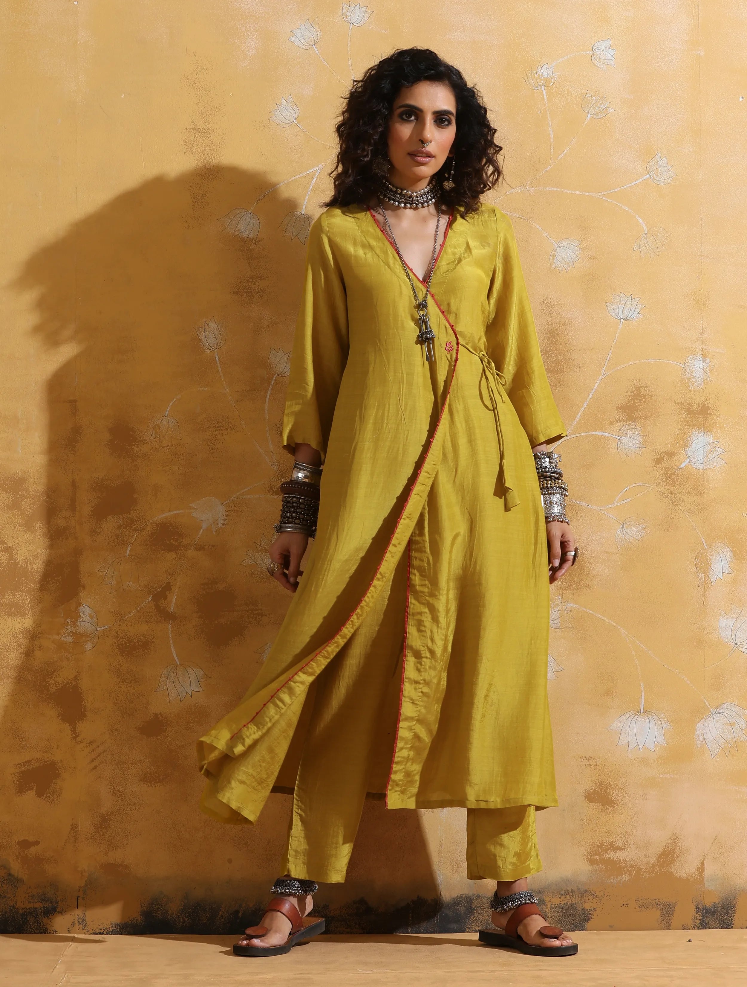 trueBrowns Lime Muslin Silk Angrakha Kurta Pant Set