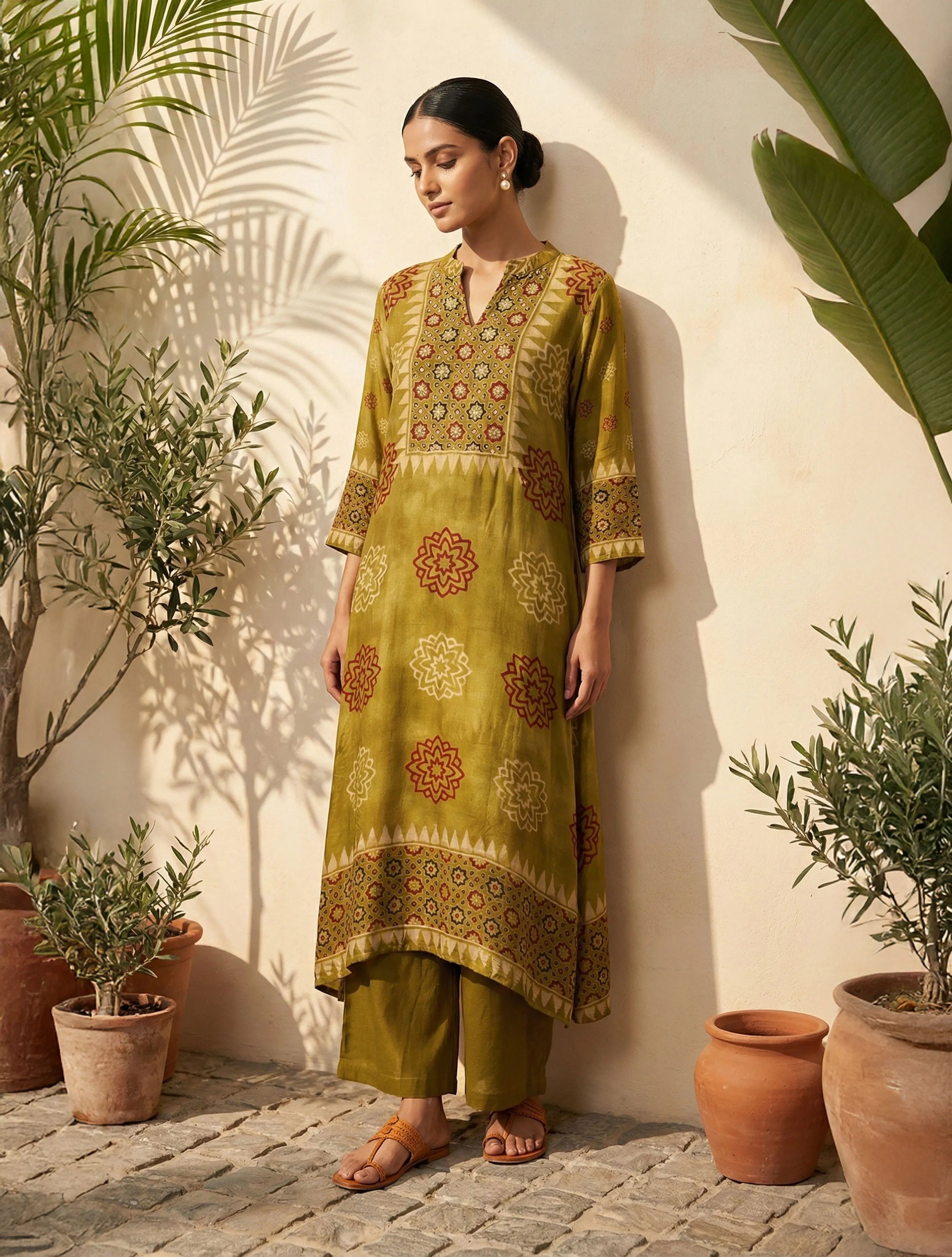 trueBrowns Pear Green Printed A-Line Kurta Pant Set
