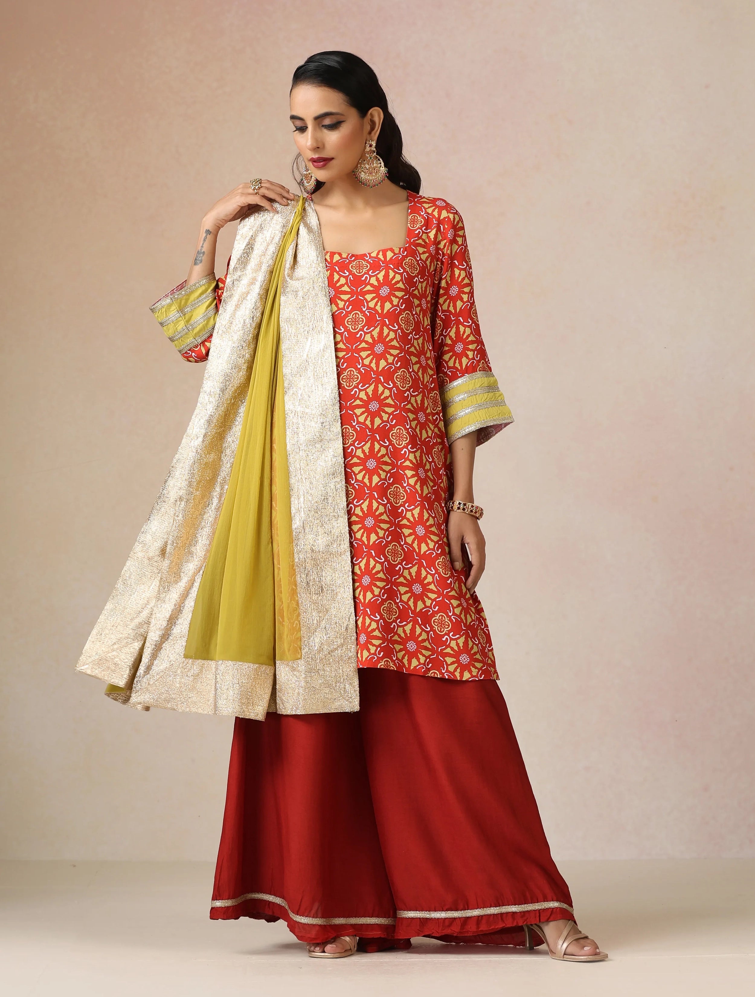 trueBrowns Red Light Green Print Viscose Kurta Sharara Set