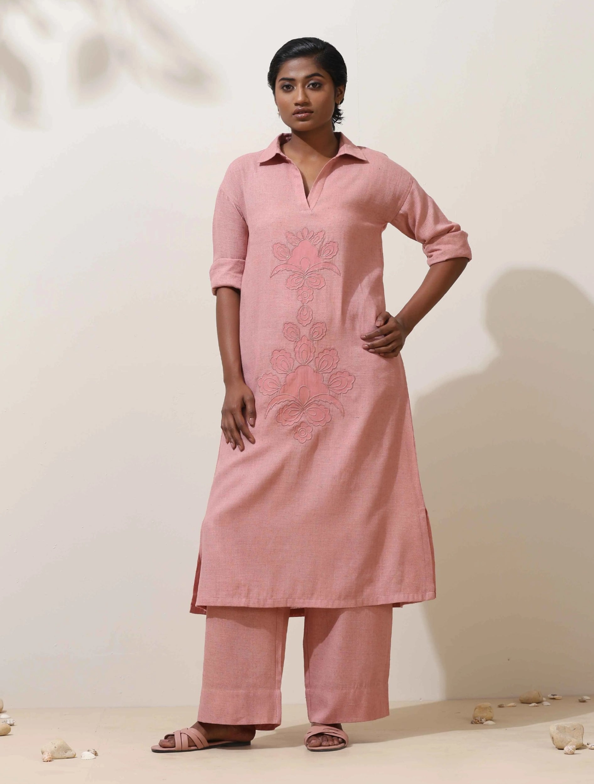 trueBrowns Dalia Pink Embroidered Natural Cotton Kurta Pant Set