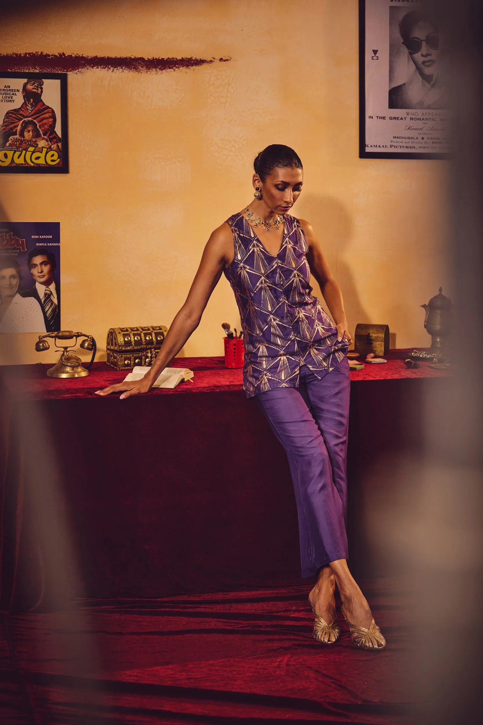 trueBrowns Purple Rose-Gold Foil Print Jacket and Flared Pants Co-ord Set