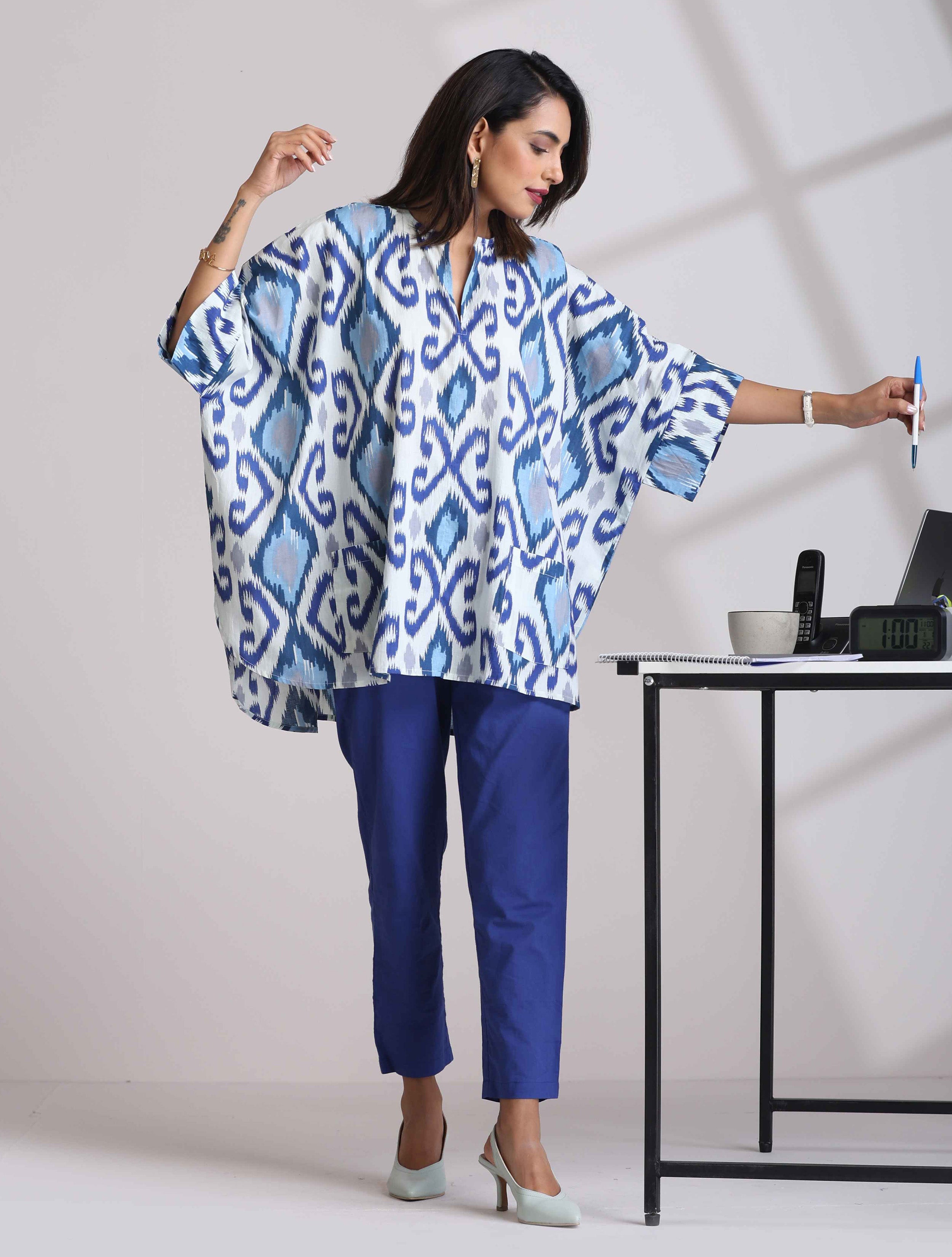 trueBrowns Blue Cotton Ikat Kaftan Co-ord Set