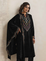 trueBrowns Black Velvet Geometric Embroidered Kurta Pant Dupatta Set