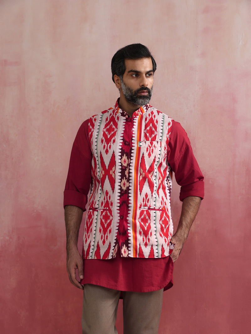 trueBrowns Men's Maroon Ikat Reversible  Nehru Jacket