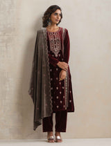 trueBrowns Maroon Velvet Embroidered Kurta Pant Dupatta Set