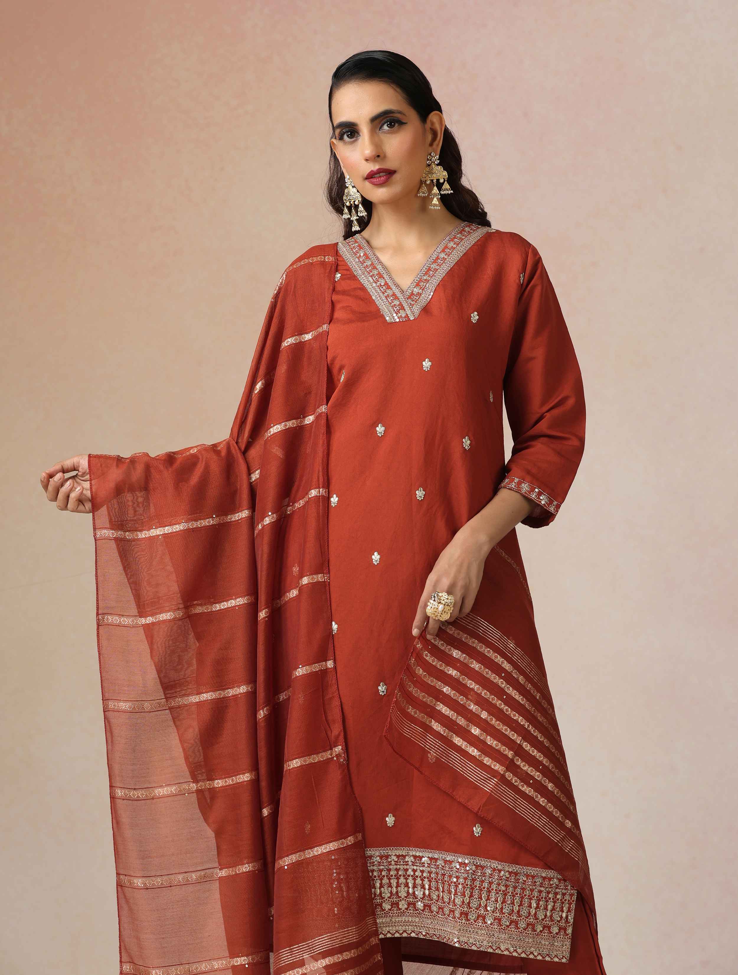 trueBrowns Rust Zari Embroidered Straight Kurta 3pc Set