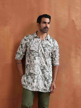 trueBrowns Men's Off White Printed Short Kurta