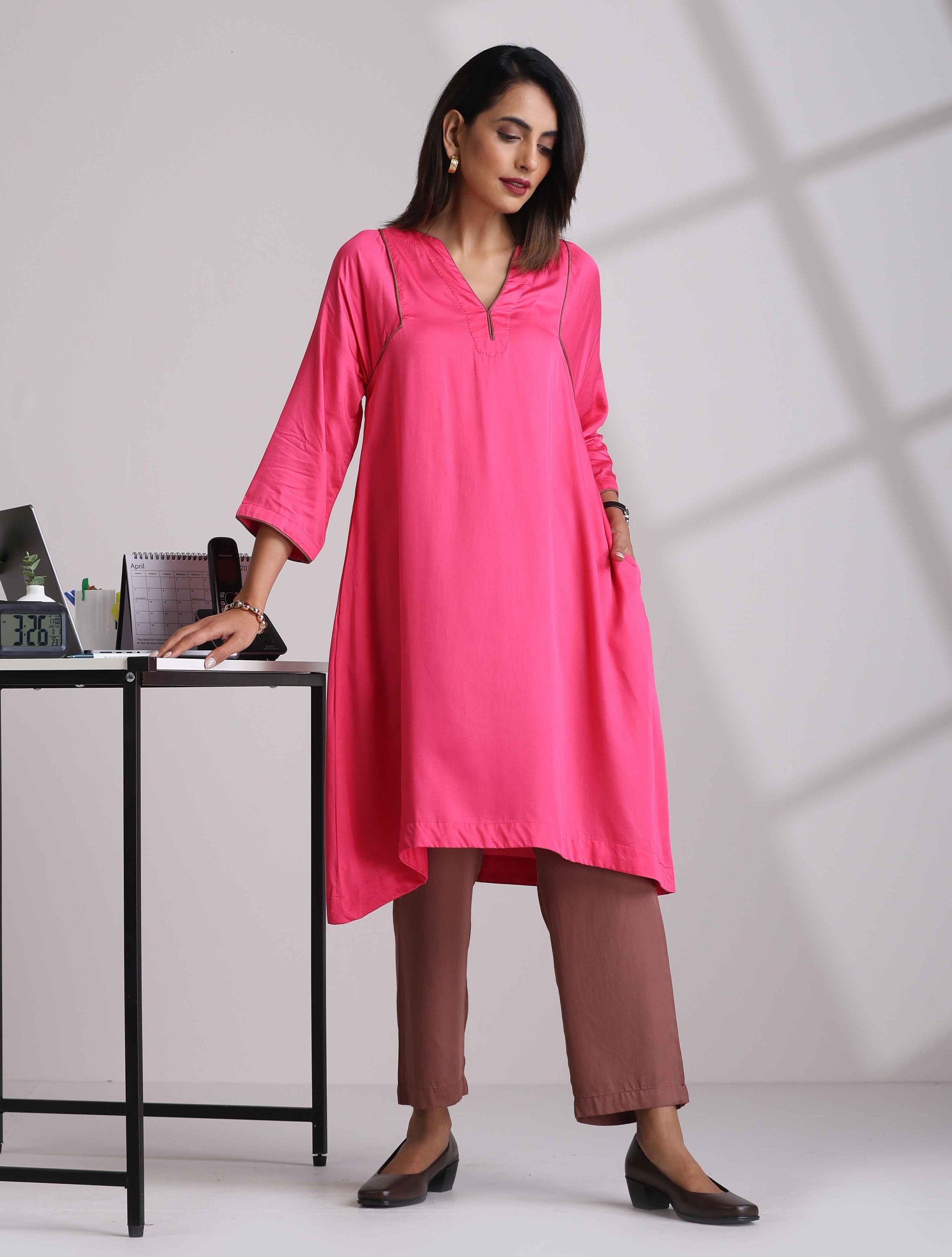 trueBrowns Pink Modal Kimono Kurta Co-ord Set