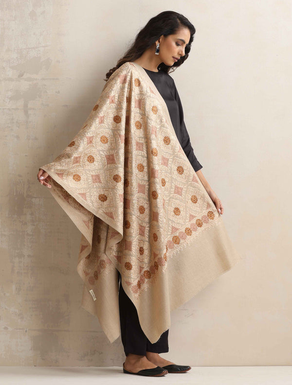 trueBrowns Beige Embroidered Woollen Stole