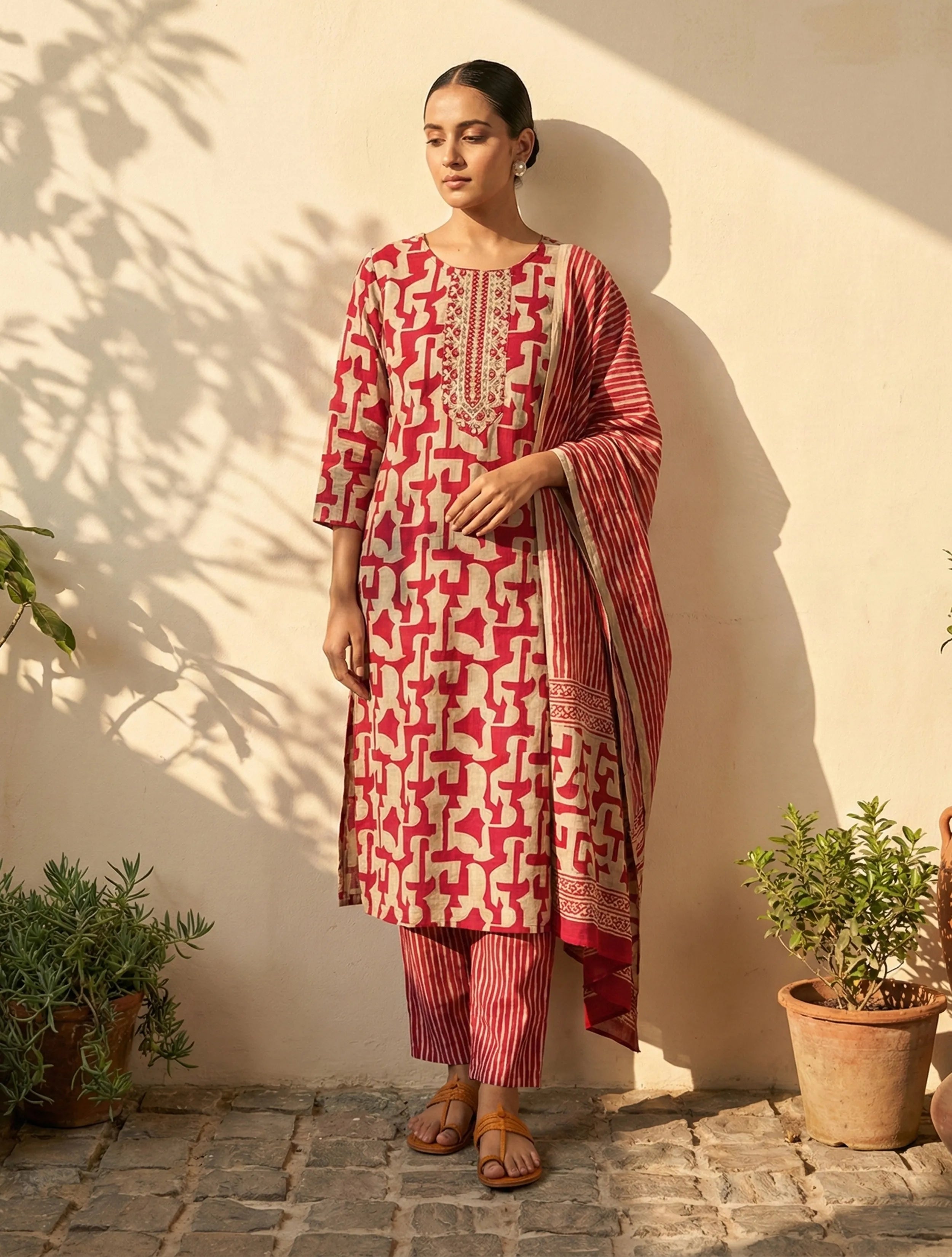 trueBrowns Pink Abstract Print Embroidered Kurta Pant Dupatta Set