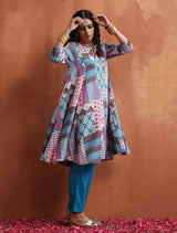 trueBrowns Blue Print Flared Anarkali Kurta Co-ord Set