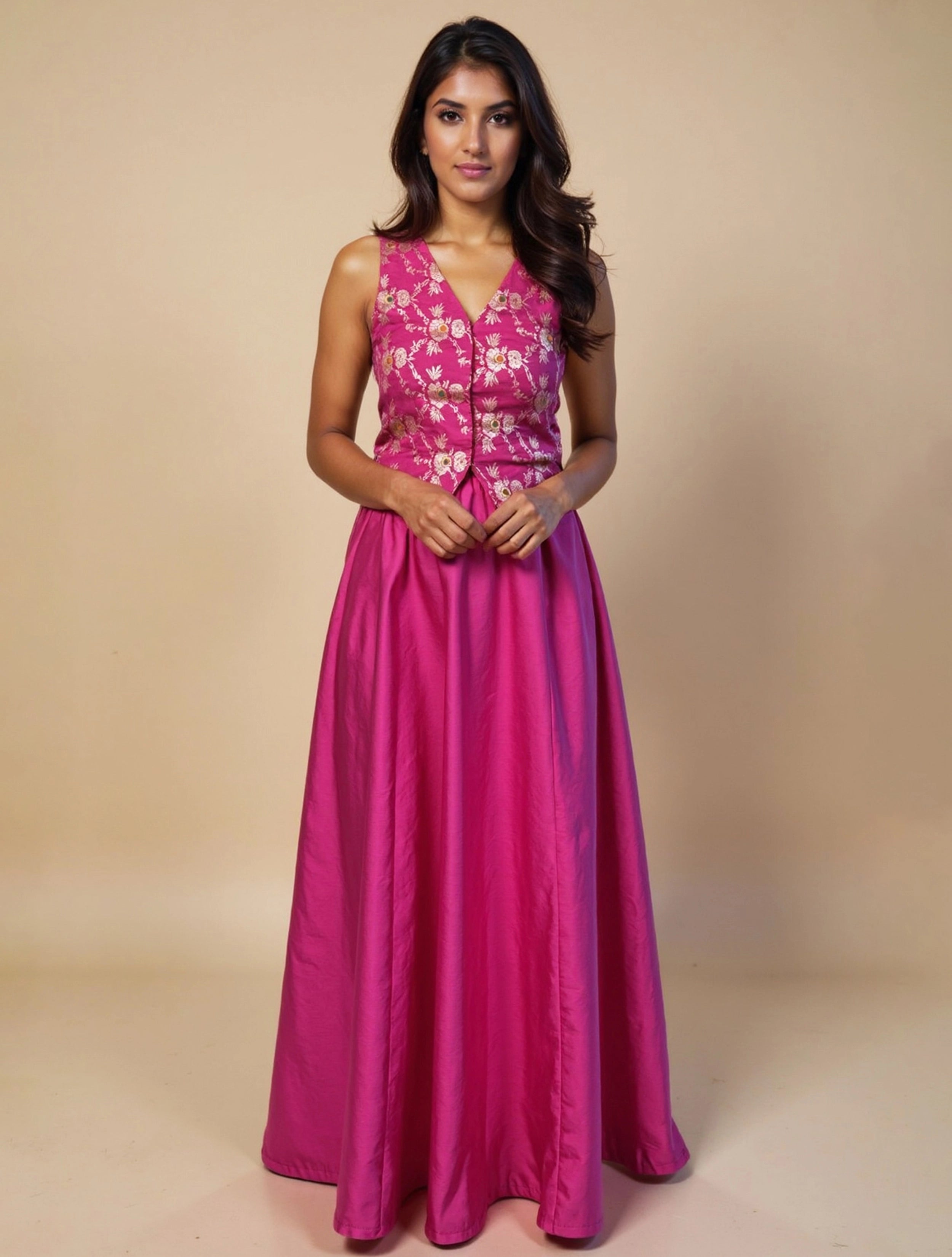 trueBrowns Pink Brocade Jacket Skirt Co-ord Set