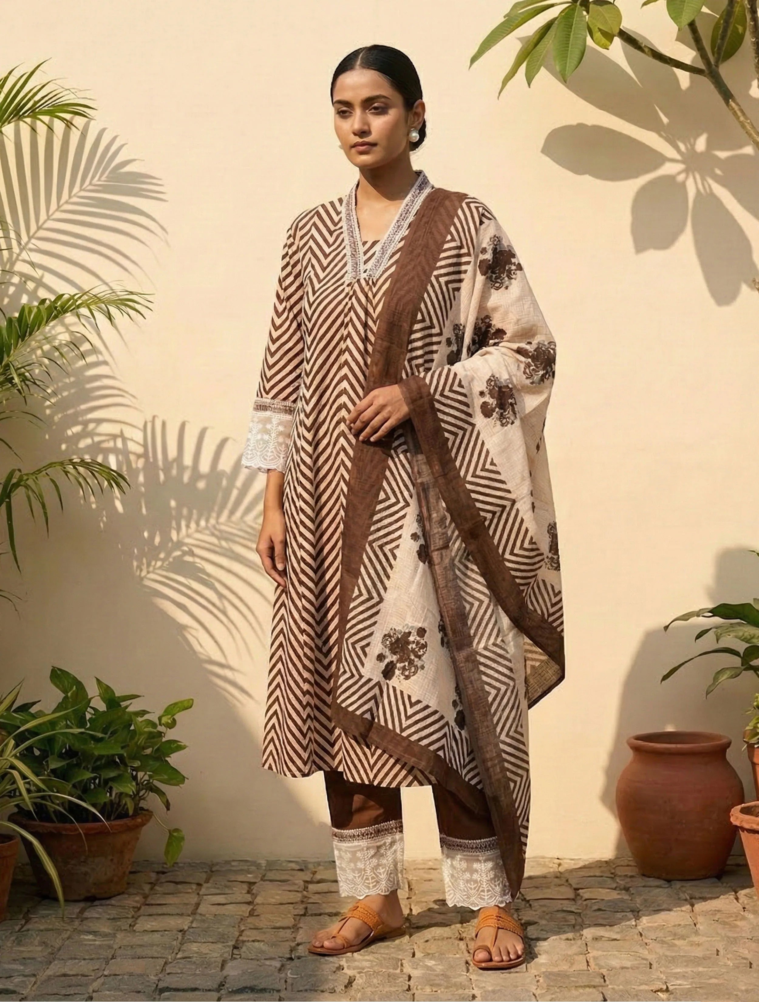 trueBrowns Brown Chevron Print Kurta Pant Dupatta Set