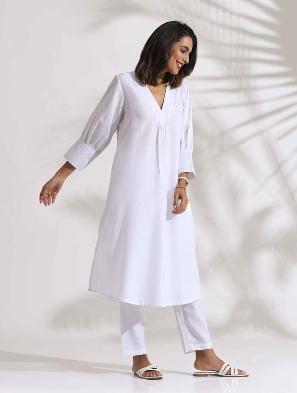 trueBrowns White Slub Kurta Set