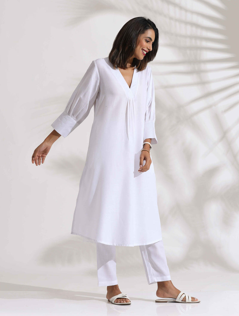 trueBrowns White Slub Kurta Set