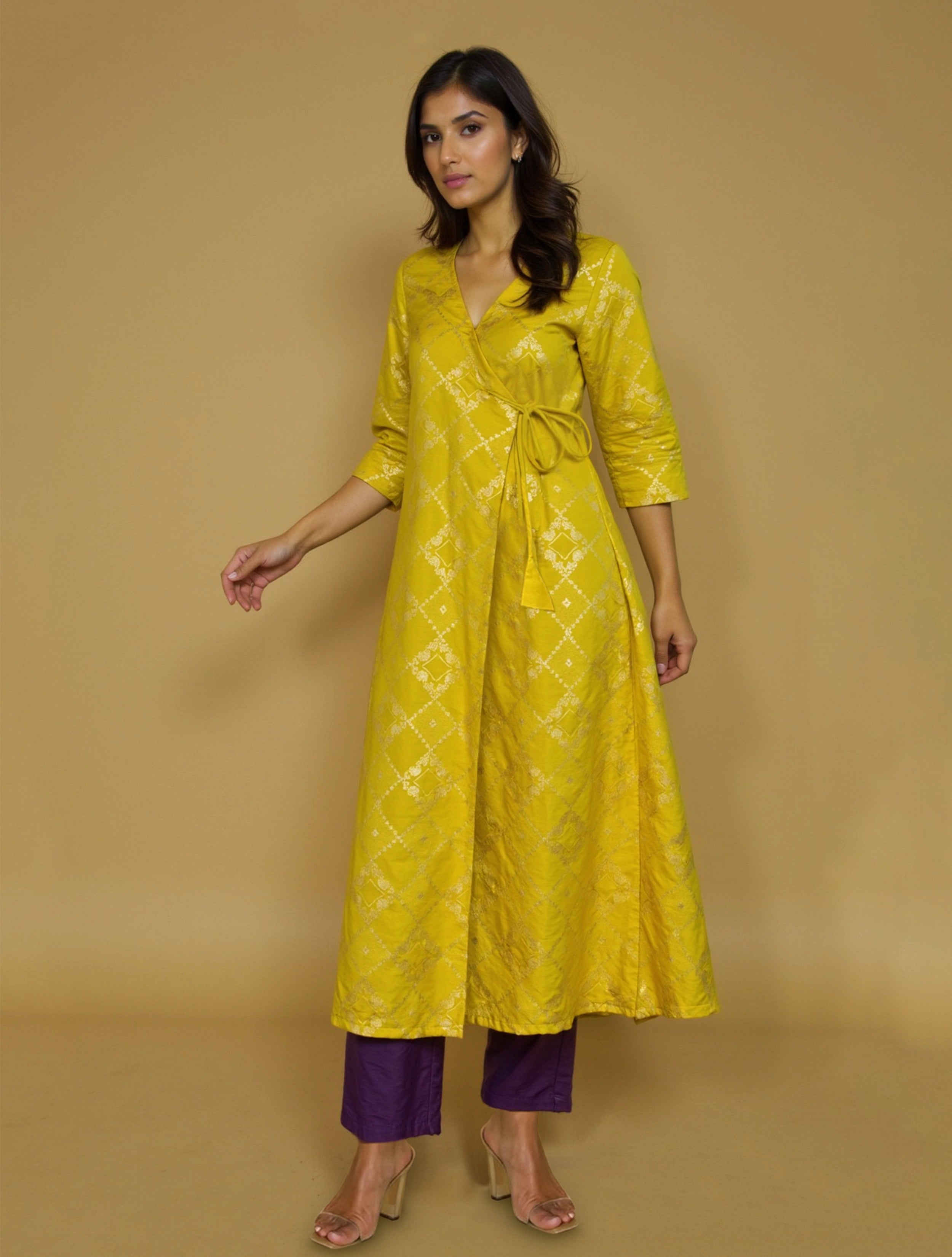  trueBrowns Lime Brocade Angrakha Kurta Set