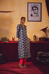 trueBrowns Blue Brocade Straight High-Slit Kurta Set