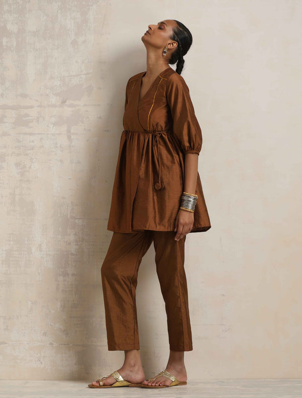 trueBrowns Brown Silk Angrakha Co-ord Set