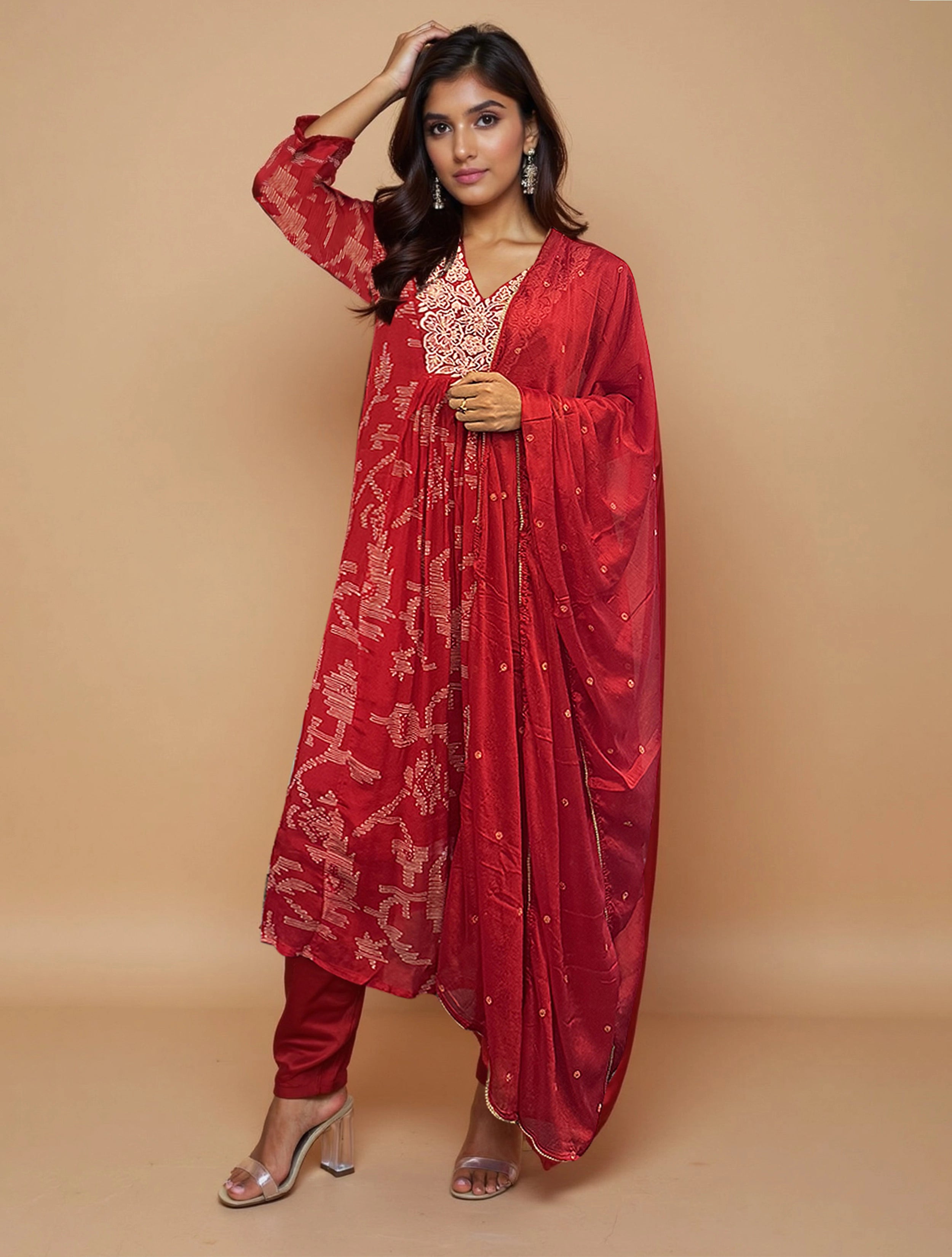 trueBrowns Red Printed A-Line Kurta Pant Dupatta Set