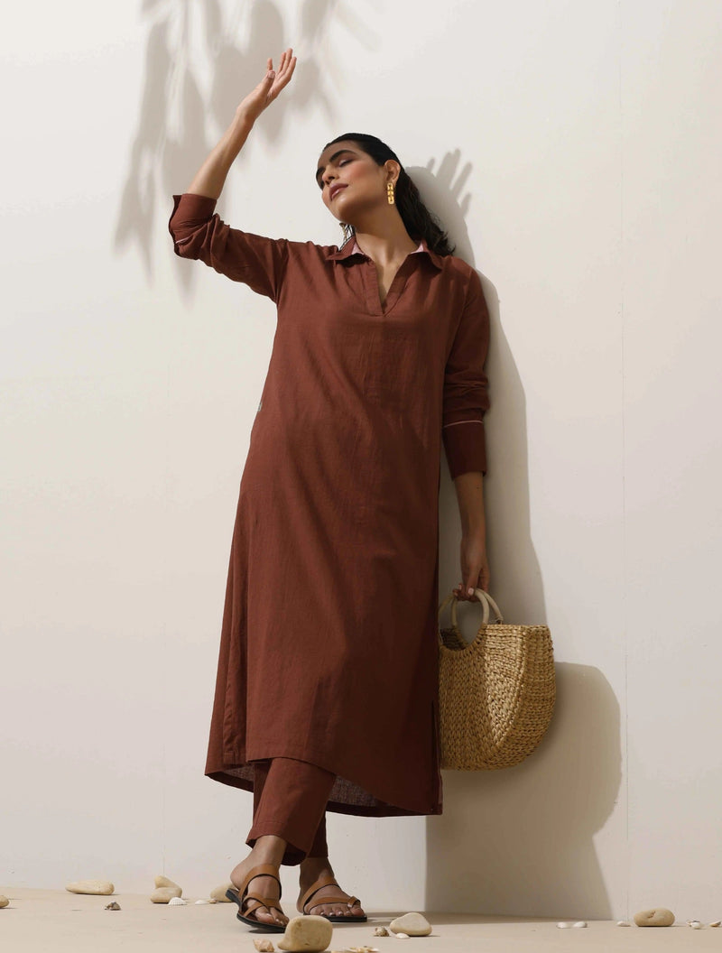 trueBrowns Brown Cotton Linen Kurta  Pant Set