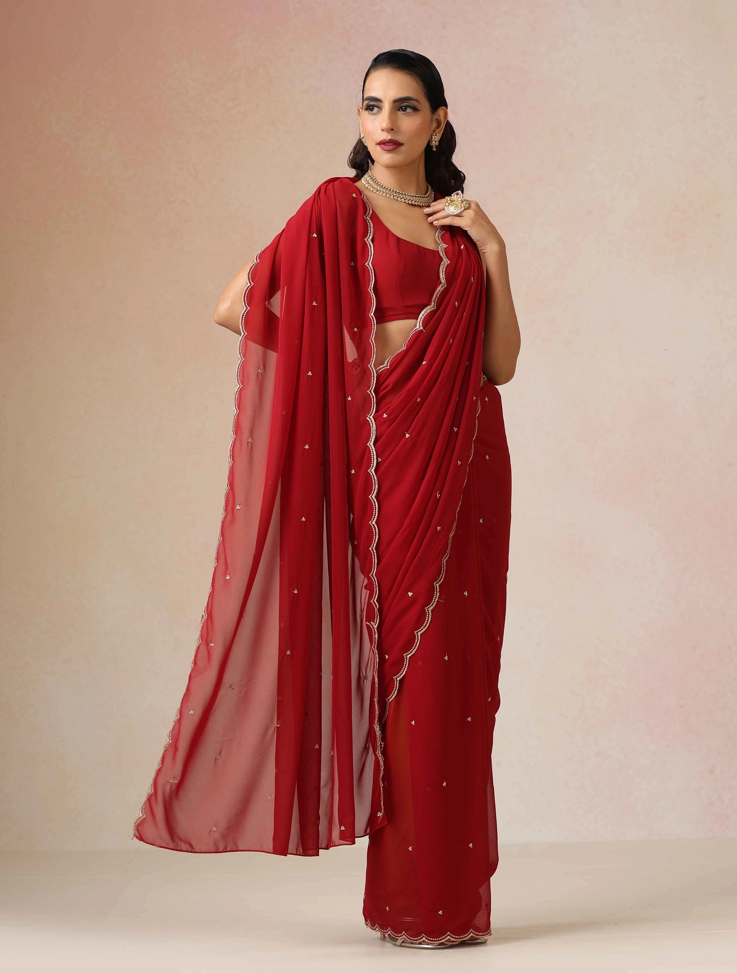 trueBrowns Maroon Georgette Embroidered Saree With unstitched Blouse
